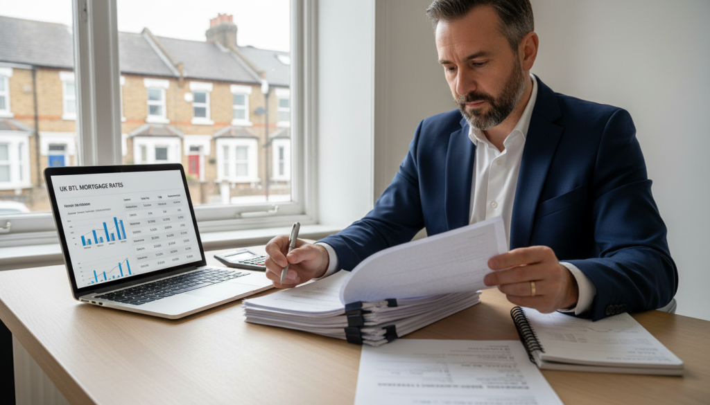 UK landlord comparing buy to let mortgage rates for 2026 on a laptop