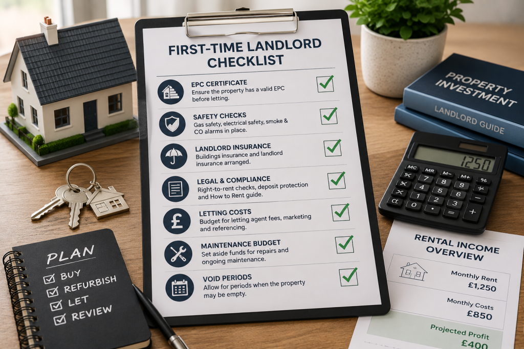 First time landlord checklist with EPC, safety checks, insurance, compliance and maintenance budget
